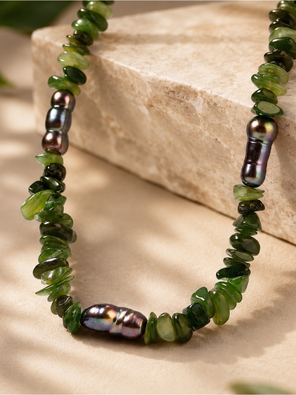 Russian Nephrite Jade and Baroque Tahitian pearl 18-20 inch necklace